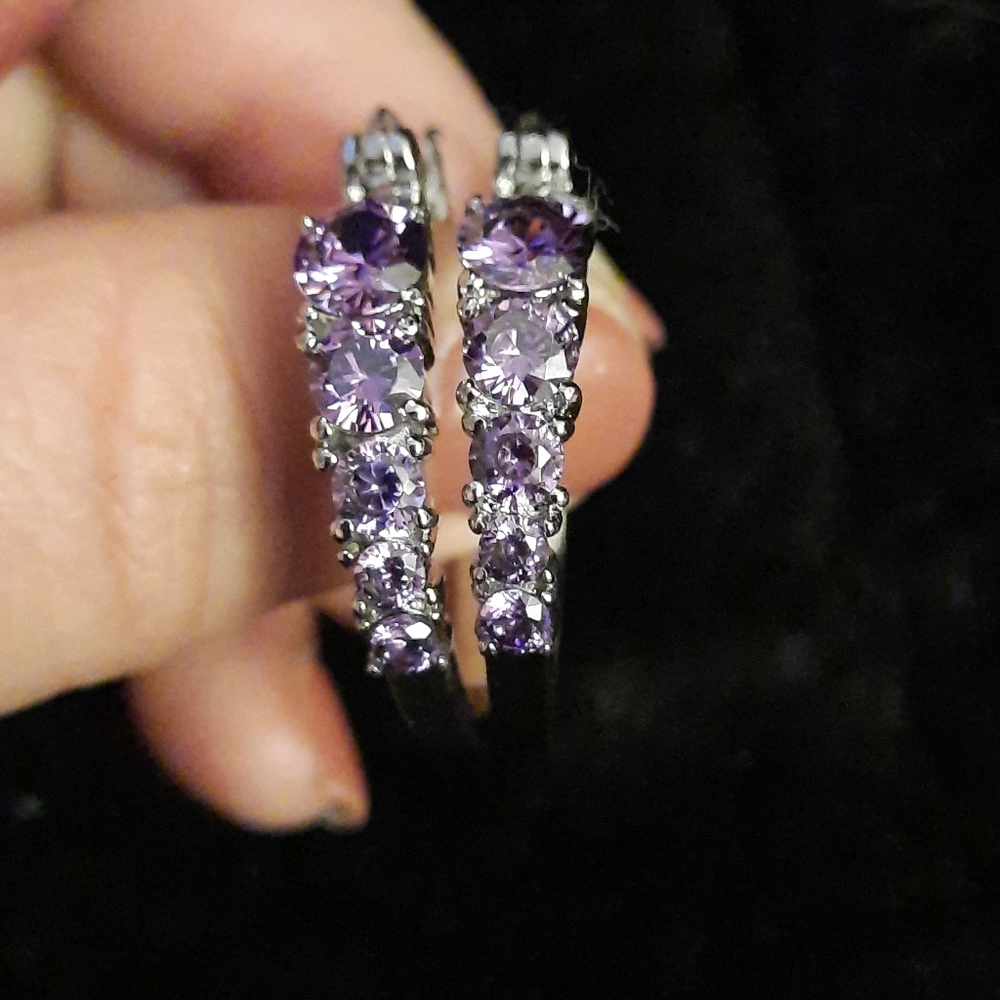 SALE.  Simulated Purple Diamond Stainless Steel Hoop Ear